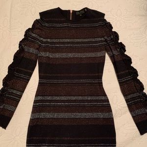 Ted Baker Black with Metallic Bronze & Silver Stripe Long Sleeve Dress